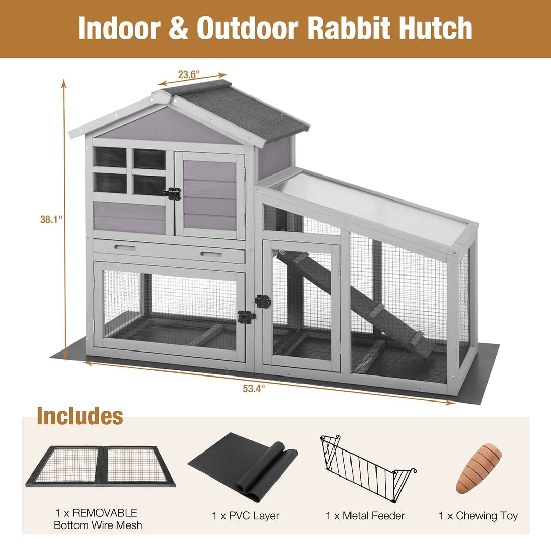 MEDEHOO Wooden Rabbit Hutch - Outdoor/Indoor Bunny Cage with Run, Pull-Out Upper Tray, 51.6"L x 25.2"W x 36.2"H, Grey AIR13-N
