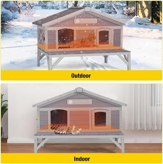 MEDEHOO Large Heated Outdoor Cat House, Insulated Feral Cat Shelter with Heating Pad, Weatherproof Design &amp; Removable Thermal Liner