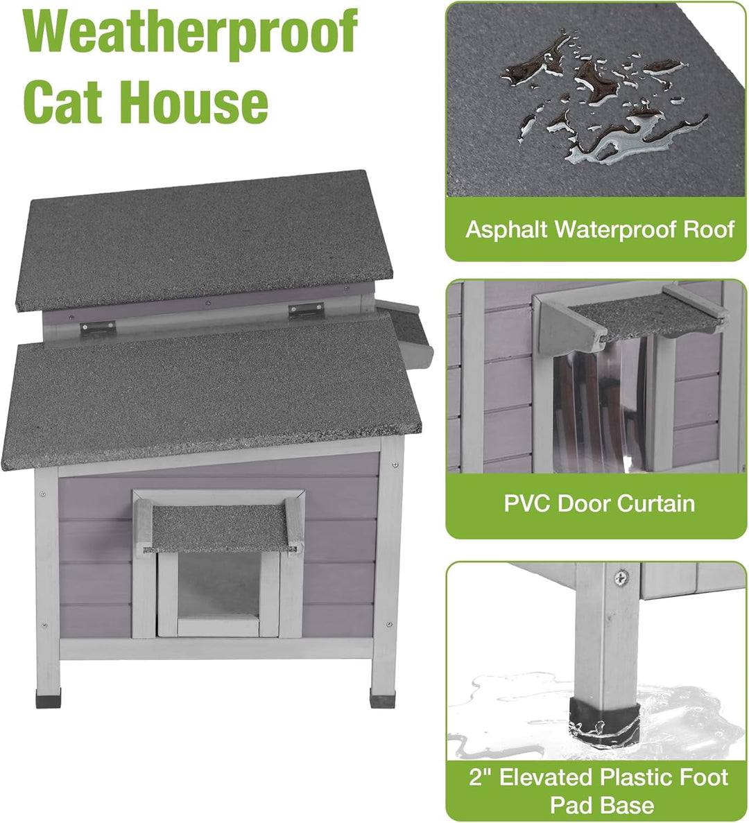 MEDEHOO Outdoor Cat House Weatherproof, Large Cat Shelter with Openable Roofs, Feral Kitty Shelter with Elevated Base, PVC Curtain AIR93-AD-WM