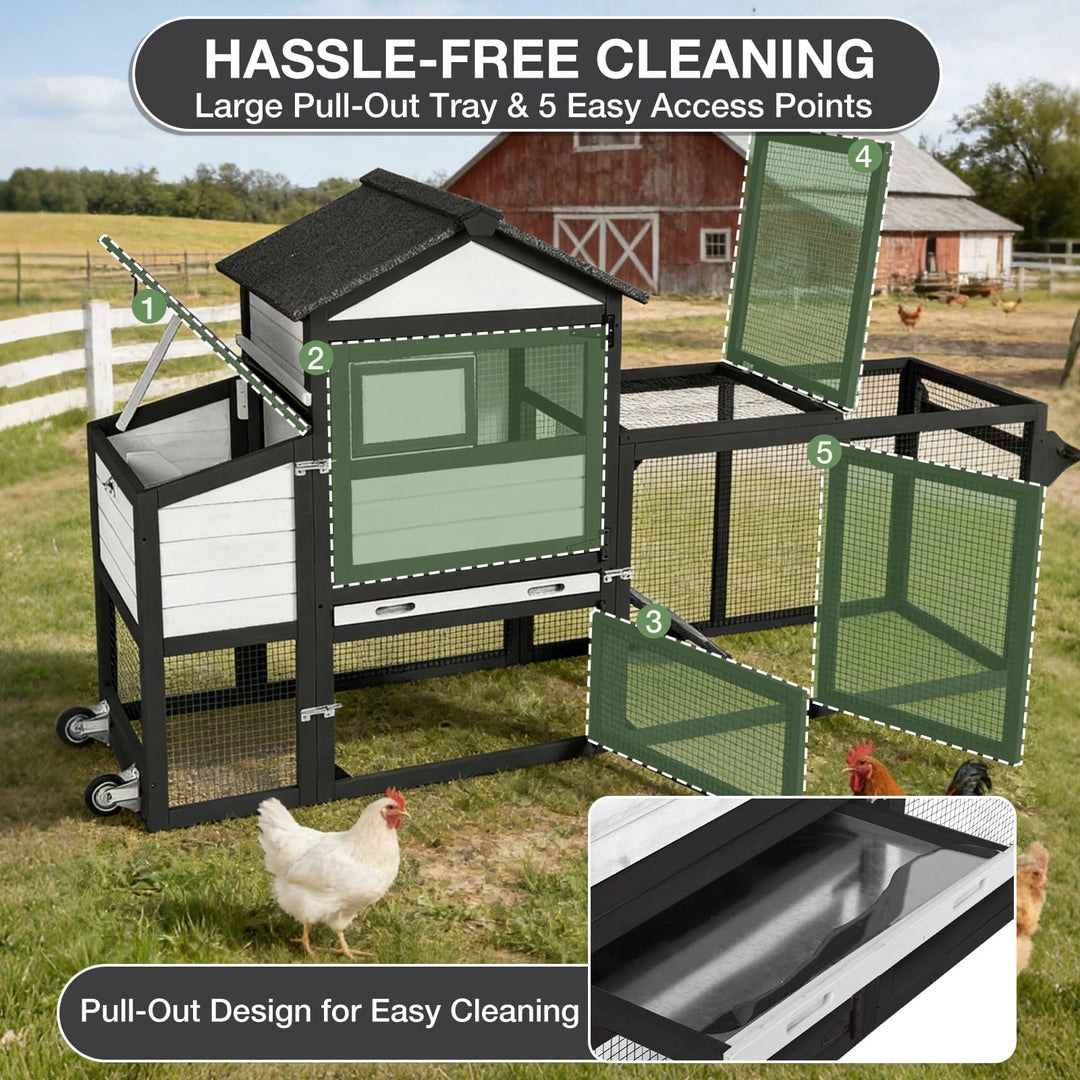 MEDEHOO Mobile Chicken Coop with Wheels for 4-6 Chickens, Backyard Expandable Chicken House Duck Cage with Run, 2 Nesting Boxes, Easy Clean Pull-Out Tray, Leak-Resistant Asphalt Roof, 82.4"