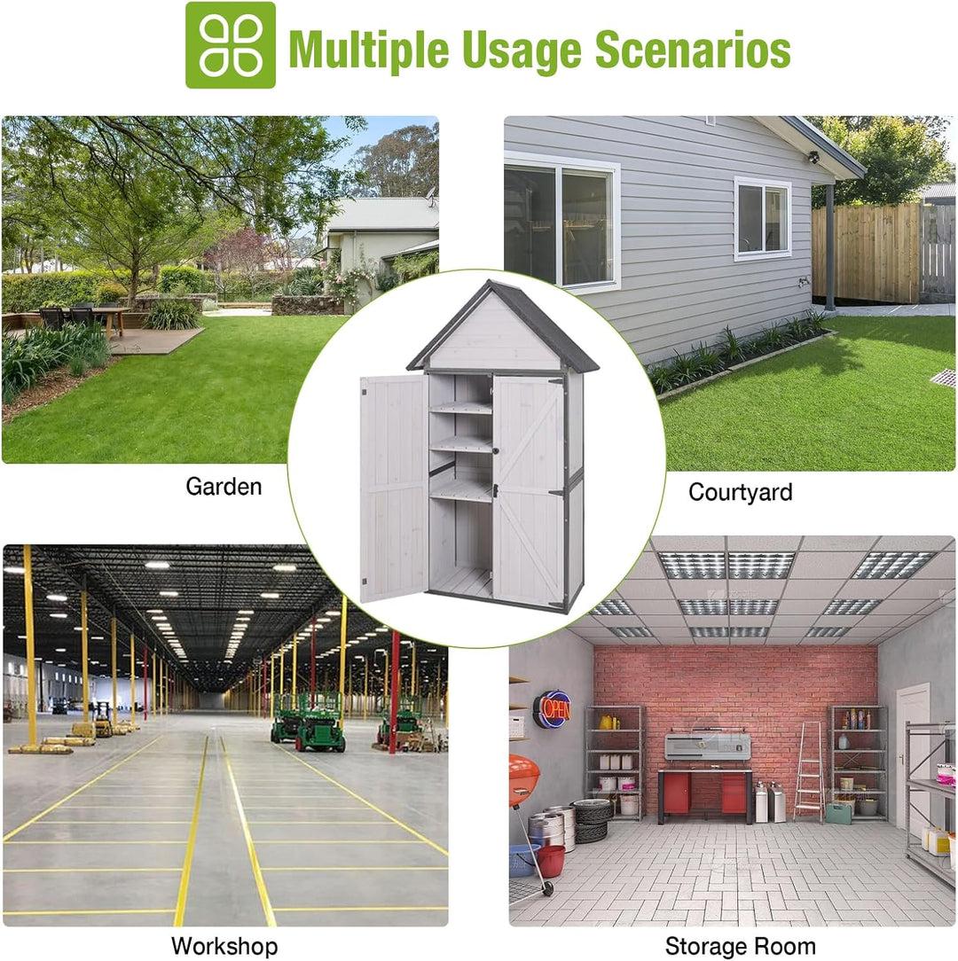 MEDEHOO Outdoor Storage Shed with All Around Strong Metal Frame, Garden Tool Sheds Cabinet with Floor &amp; Adjustable Shelves, Wooden Tool House for Backyard Garden Patio Lawn (White)