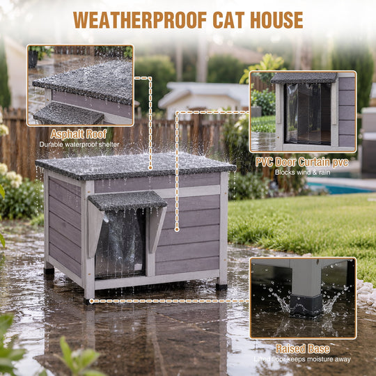 MEDEHOO Outdoor Cat House with Insulated Liner Extra Side Escape Door Weatherproof Roof Feral Cat Shelter for Winter Outside Light Gray AIR12-G-IN-WFS-ML