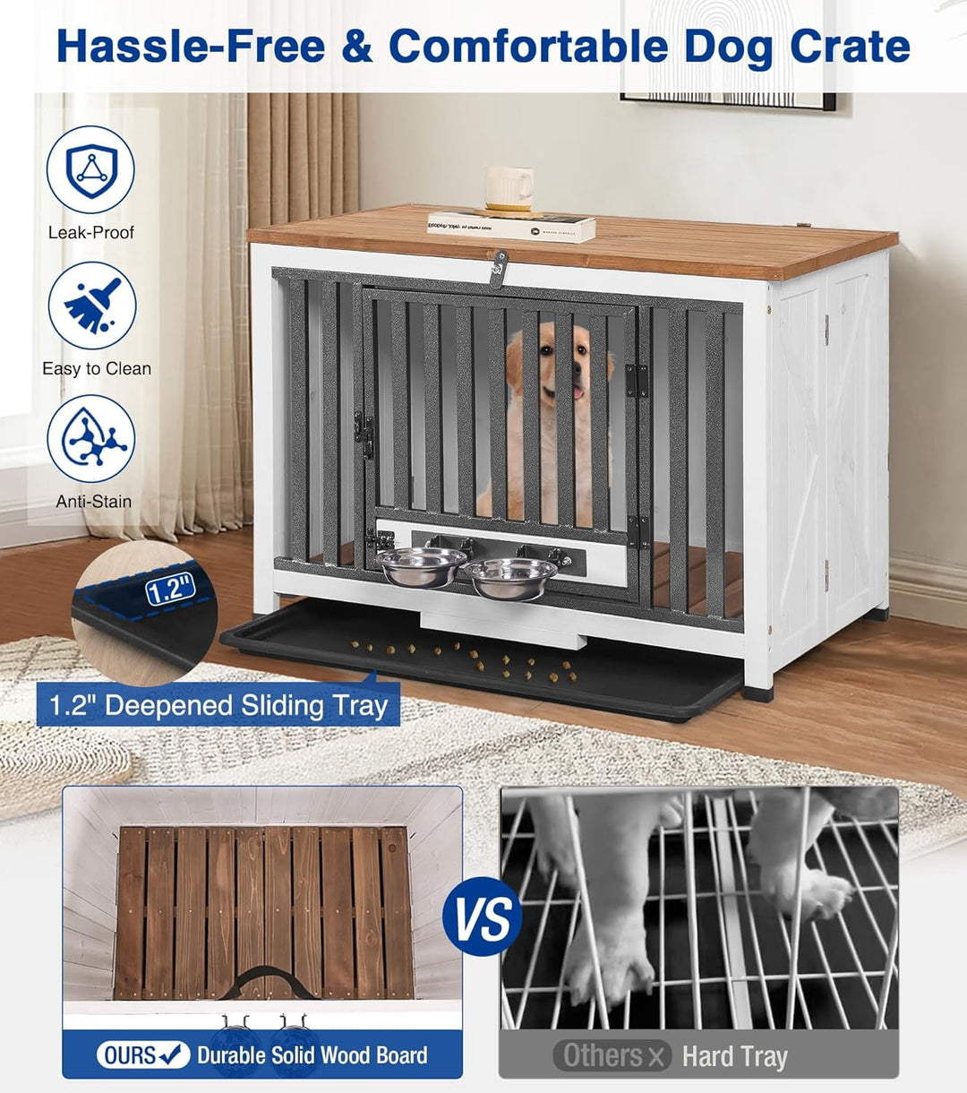 MEDEHOO Dog Crate Furniture, Foldable Wooden Dog Kennel Furniture with 360° Rotating Feeding Bowls, Iron Frame Dog Crate with Deepened Sliding Tray, 33" L - White Brown