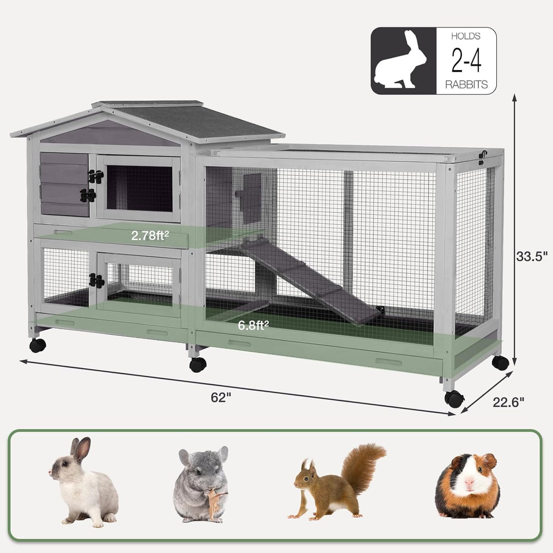 MEDEHOO 2-Story Indoor Rabbit Hutch with Chew-Proof Outdoor Rabbit Cage with 6 Locking Casters Bunny Cage 2 Pull-Out Trays Guinea Pigs Cage 62" Gray