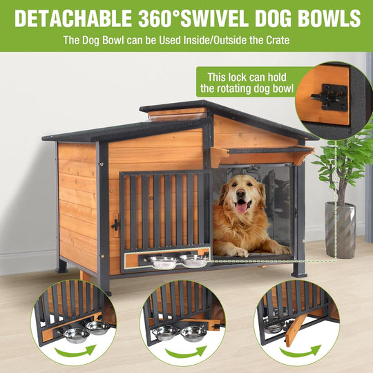 MEDEHOO Large Heated Dog House Outdoor Insulated Dog Kennel Weatherproof with Safe Heating Pad, Chew-Proof Metal Frame, Rotatable Spill-Proof Bowl for Large Dog Breeds, 39.7" L x 25.5" W x32.2 H