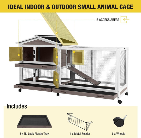 MEDEHOO Rabbit Hutch Wooden Bunny Cage Indoor Outdoor Guinea Pig Cage on Wheels Large AIR19-B-WM