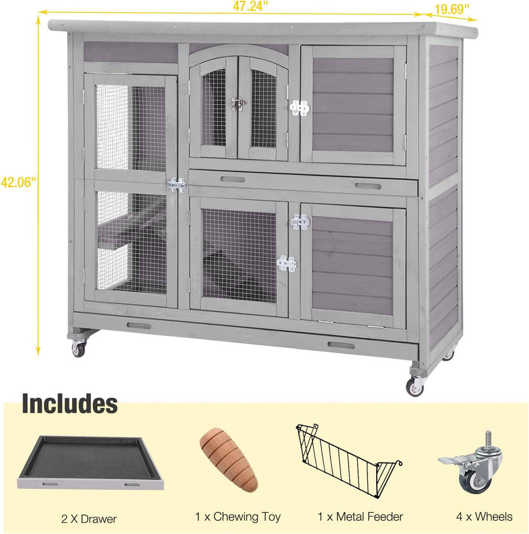 MEDEHOO Bunny Cage Rabbit Hutch Indoor Rabbit House with Wheels Outdoor Guinea Pig House with Two Plastic Tray