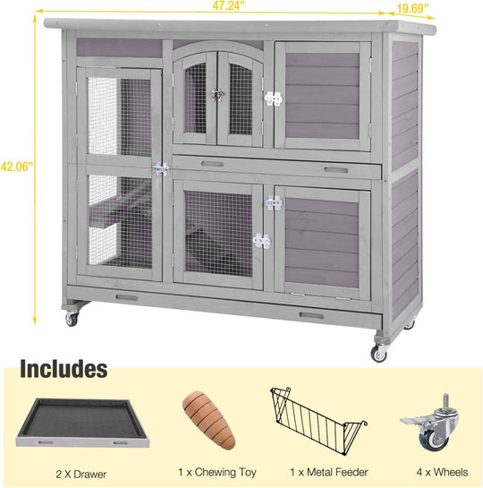 MEDEHOO Bunny Cage Rabbit Hutch Indoor Rabbit House with Wheels Outdoor Guinea Pig House with Two Plastic Tray