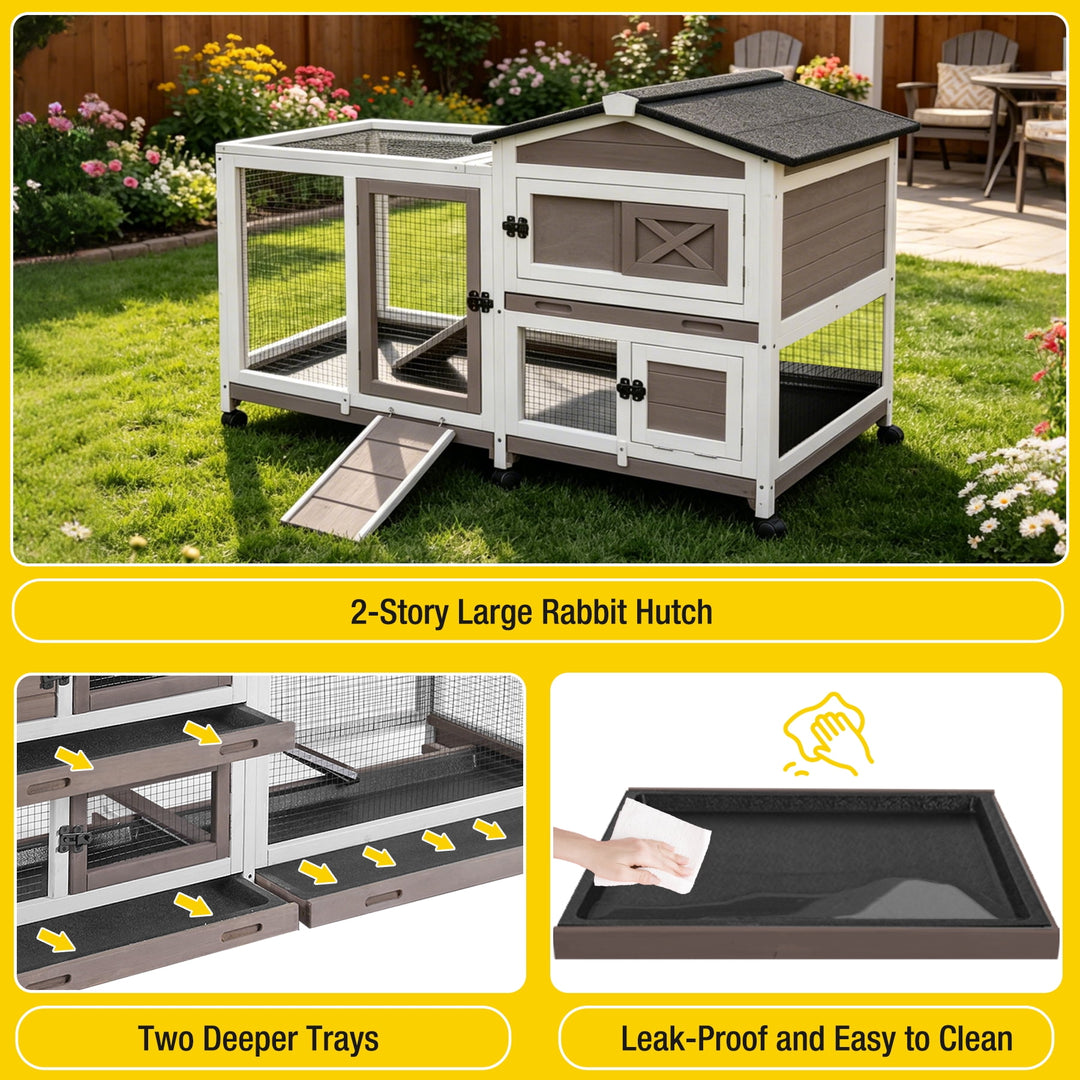 MEDEHOO Rabbit Hutch Bunny Cage Outdoor &amp; Indoor with Wheels, Two Layer Guinea Pig House with Pull Out Tray, Chew-Proof Ramp, Waterproof Roof