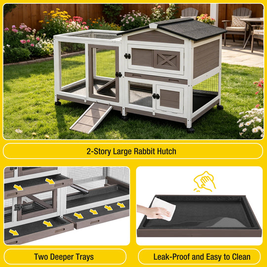 MEDEHOO Rabbit Hutch Bunny Cage Outdoor &amp; Indoor with Wheels, Two Layer Guinea Pig House with Pull Out Tray, Chew-Proof Ramp, Waterproof Roof