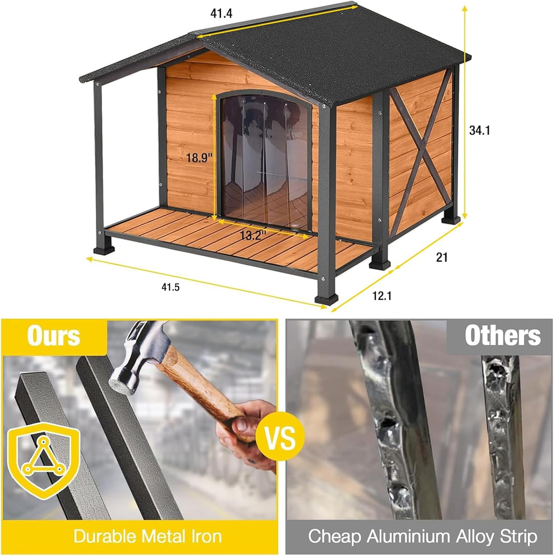 MEDEHOO Heated Outdoor Dog House - Weatherproof Insulated Wooden Shelter with Iron Frame, Large Porch for Medium &amp; Large Dogs, Indoor/Outdoor Kennel(XL)