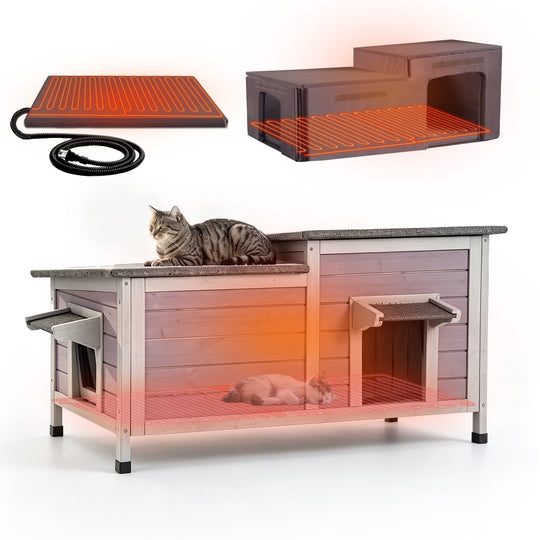 MEDEHOO Large Heated Cat House with Liner, Weatherproof Cat Shelter Outdoor Insulated Windproof Feral Cat Shelter with Heating Pad, Chewproof Cable, Escape Door for 2-4 Cats in Winter