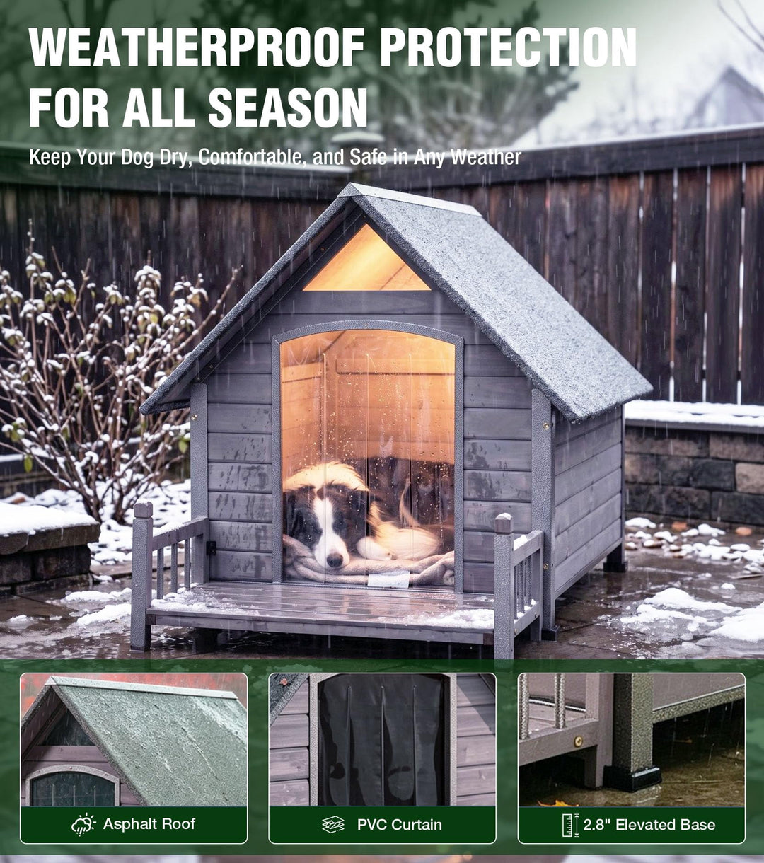 MEDEHOO Outdoor Dog House with Metal Frame Anti-Bite Dog Kennel Extra Large Heated Dog House Outdoor with  Heating Pad Asphlat roof and PVC curtain for Large Breed Gray AIR87-WM