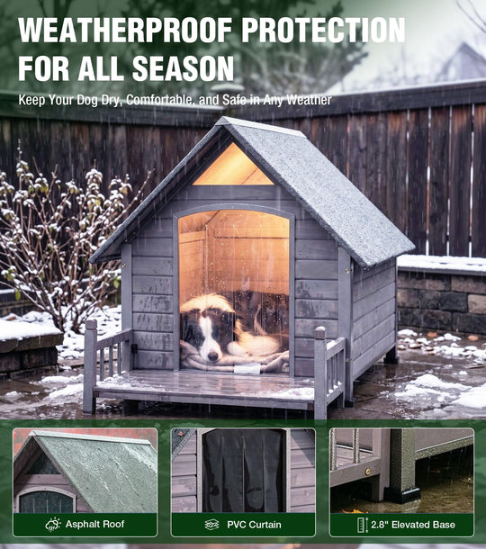 MEDEHOO Outdoor Dog House with Metal Frame Anti-Bite Dog Kennel Extra Large Heated Dog House Outdoor with  Heating Pad Asphlat roof and PVC curtain for Large Breed Gray AIR87-WM