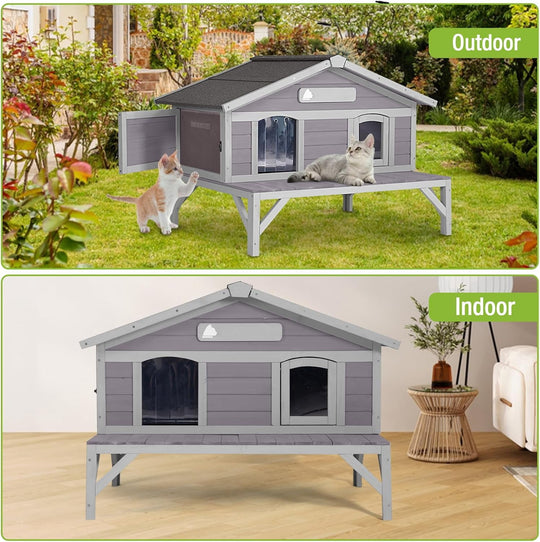 MEDEHOO Outdoor Cat House Weatherproof with 3 Entry Doors, Elevated Base &amp; PVC Curtain, Indoor/Outdoor Kitty Shelter for Small-Medium Pets