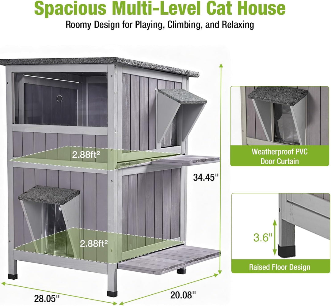 MEDEHOO Outdoor Feral Cat House Weatherproof 2-Story Cat Condon Enclosure for Outside Cats Shelter with Large Window, Escape Door, Jumping Platform