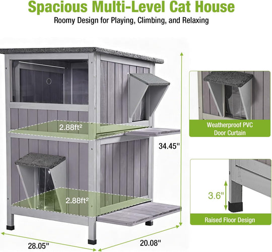 MEDEHOO Outdoor Feral Cat House Weatherproof 2-Story Cat Condon Enclosure for Outside Cats Shelter with Large Window, Escape Door, Jumping Platform