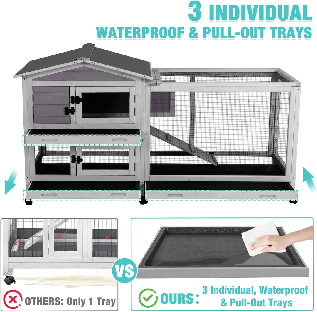 BUTINGLALE 62" Rabbit Hutch with Chew-Proof Ramp &amp; Waterproof Roof - Indoor/Outdoor Bunny Cage, 2-Story Design, 6 Lockable Caster Wheels &amp; Dual Pull-Out Trays (Grey) RH-AIR19-MA