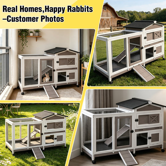 MEDEHOO Rabbit Hutch Bunny Cage Outdoor &amp; Indoor with Wheels, Two Layer Guinea Pig House with Pull Out Tray, Chew-Proof Ramp, Waterproof Roof