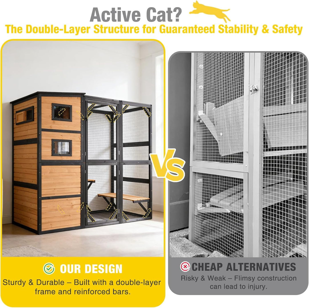 Large Catio Cat Enclosure Window for Outdoor Cats, Weatherproof Cat House with Roof, Resting Platforms &amp; Windows, Indestructible Feral Cat Shelter for Backyard - Black and Brown