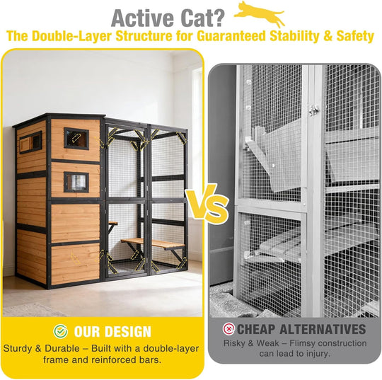 Large Catio Cat Enclosure Window for Outdoor Cats, Weatherproof Cat House with Roof, Resting Platforms &amp; Windows, Indestructible Feral Cat Shelter for Backyard - Black and Brown