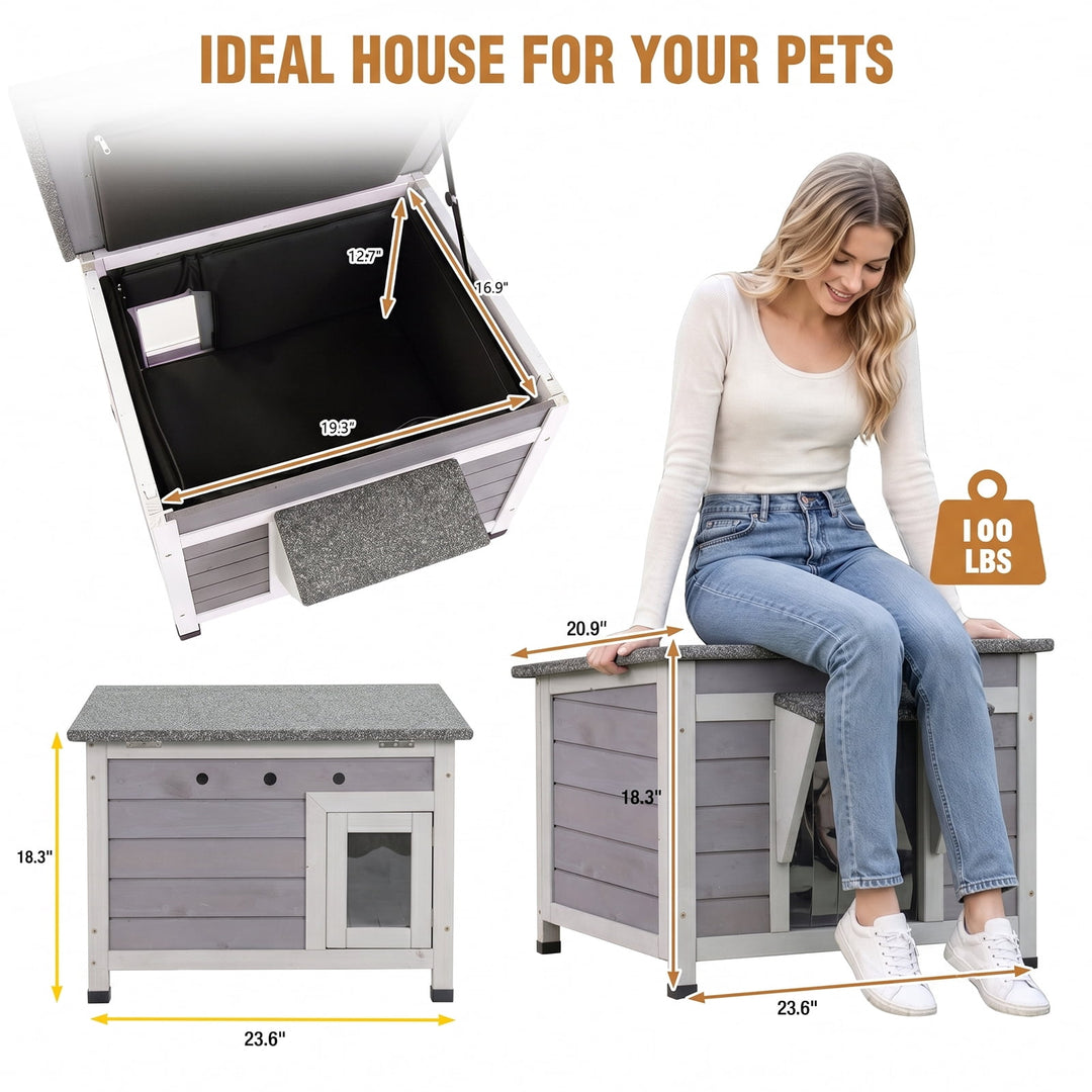 MEDEHOO Outdoor Cat House with Insulated Liner Weatherproof Insulated Feral Cat Shelter for Outdoor Cats Winter Gray