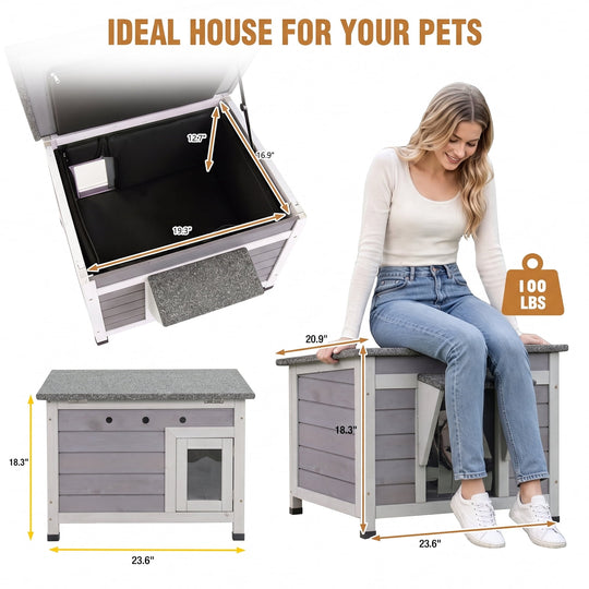 MEDEHOO Outdoor Cat House with Insulated Liner Weatherproof Insulated Feral Cat Shelter for Outdoor Cats Winter Gray