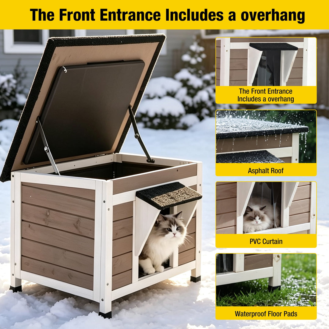 MEDEHOO Cat House for Outdoor Cats Insulated Feral Kitty Shelter with Warm Liner for Winter Waterproof Rabbit Hutch for Bunnies,Cats, White &amp; Brown