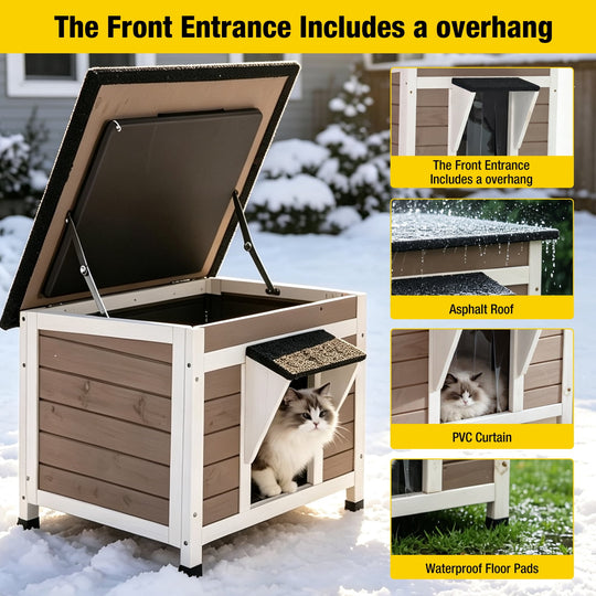 MEDEHOO Cat House for Outdoor Cats Insulated Feral Kitty Shelter with Warm Liner for Winter Waterproof Rabbit Hutch for Bunnies,Cats, White &amp; Brown