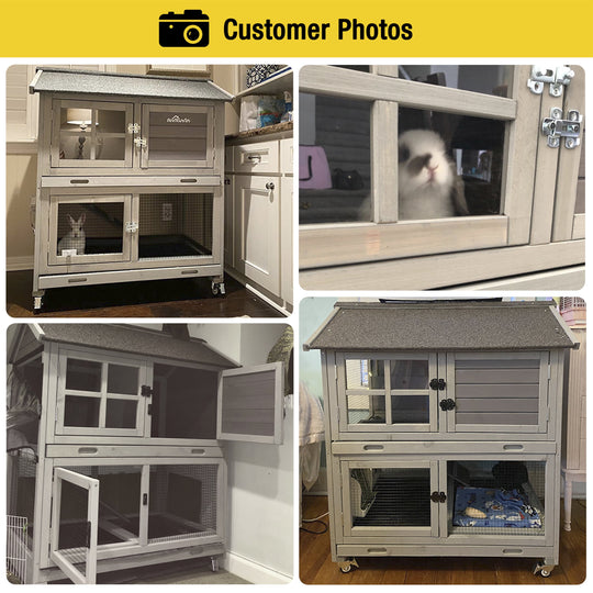 MEDEHOO Outdoor Rabbit Hutch Bunny House with Wheels, Wooden Guinea Pig Cage for Small Animals