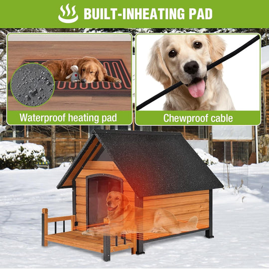 MEDEHOO Outdoor Heated Dog House Anti-Bite Weatherproof Dog Kennel Puppy Shelter Indoor with Heating Pad, All-Around Insulated Liner and Porch for Large Breed, 45" D x 32.9" W x 32.6" H (Brown) AIR80-IN-HP-MA-WM