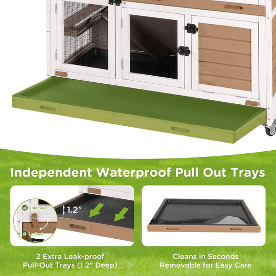 MEDEHOO 47" Two Story Rabbit Hutch with Wheels, Indoor Outdoor Rabbit Cage with Wheels &amp; Leak-Proof Trays for Rabbits, Guinea Pigs(Brown) AIR06-D-E-WM