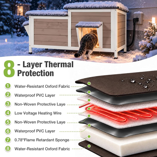 MEDEHOO Heated Cat House Outdoor Cat House Insulated Large Weatherproof Feral Cat Shelter with Heated Pad, Insulated All-Round Thermal Liner, Chewproof Cable for 1-4 Cats AIR93-WBR-HP-MA-WM