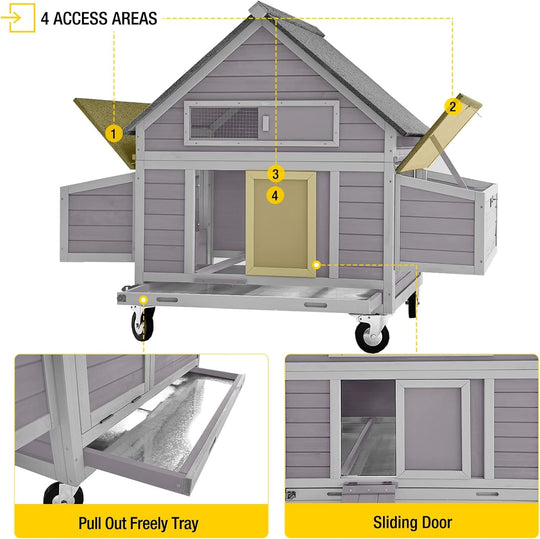 MEDEHOO Chicken Coop on Wheels Movable Hen House with Two Nesting Boxes, Large Poultry Cage Outdoor Duck Cage AIR677-WM