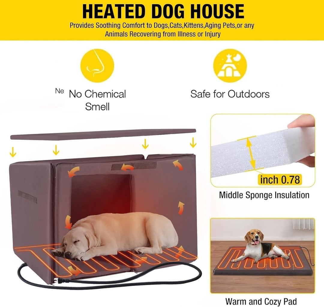 MEDEHOO Insulated Heated Dog House with Insulated Liner &amp; Heating Pad, All-Around Iron Frame Large Outdoor Dog House for Small &amp; Medium &amp; Large Dogs, Waterproof, Brown