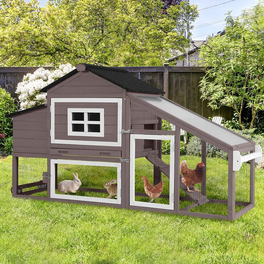 MEDEHOO Chicken Coop, Mobile Chicken House with with Wheel, Outdoor Hen House Poultry Cage with Nesting Box, Leakproof Pull Out Tray and UV-Resistant Roof (Brown) AIR23-B-A122-WM