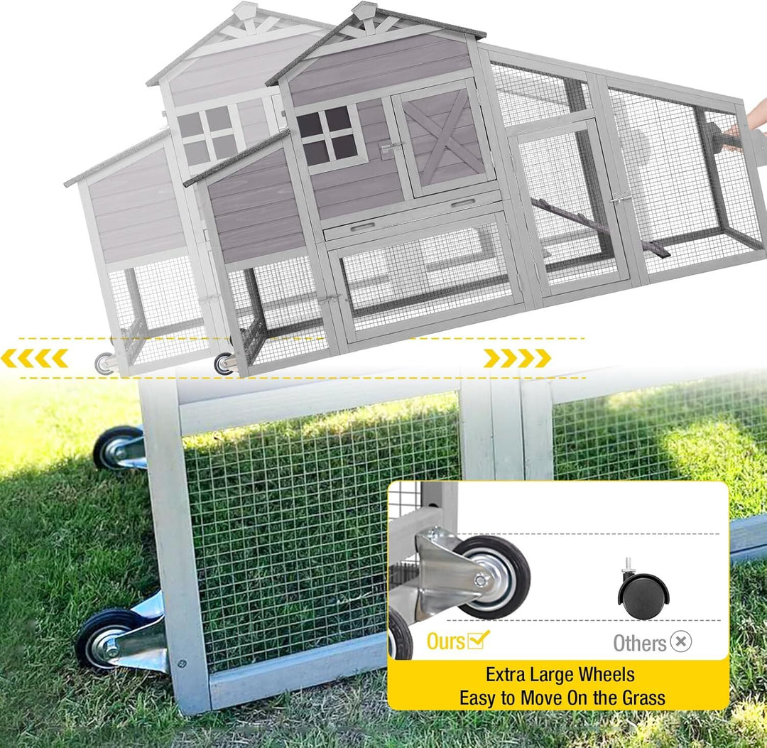 MEDEHOO Wooden Chicken Coop for 4 Chickens Mobile Chicken House on Wheels Expandable Poultry Cage with Large Nesting Box and Pull-Out Tray Grey