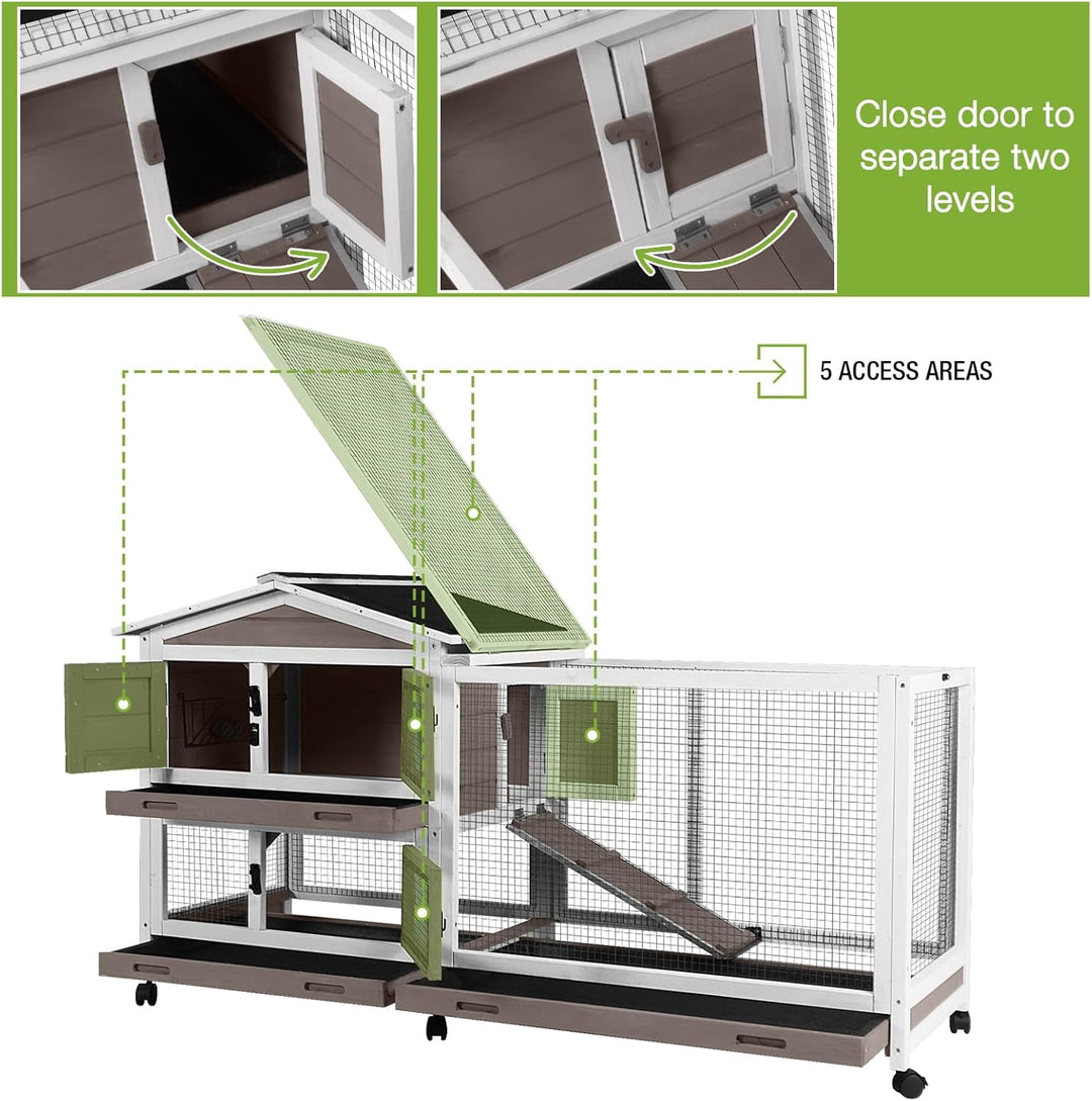 MEDEHOO Rabbit Cage Indoor Bunny Hutch with Chew-Proof Ramp - 2 Story Guinea Pig Cages Outdoor with 6 Wheels, Leakproof Pull-Out Tray for Rabbits, Guinea Pigs (Brown) AIR19-B-MC-WM