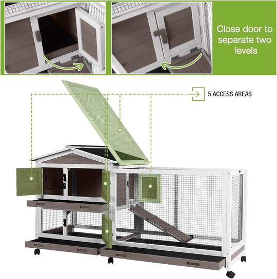 MEDEHOO Rabbit Cage Indoor Bunny Hutch with Chew-Proof Ramp - 2 Story Guinea Pig Cages Outdoor with 6 Wheels, Leakproof Pull-Out Tray for Rabbits, Guinea Pigs (Brown) AIR19-B-MC-WM