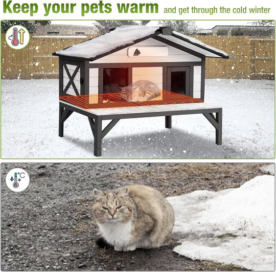 MEDEHOO Heated Outdoor Cat House Weatherproof Large Cat Shelter with 100% Insulated Liner for Multiple Cats, Cat Houses for Indoor Cats（Black）