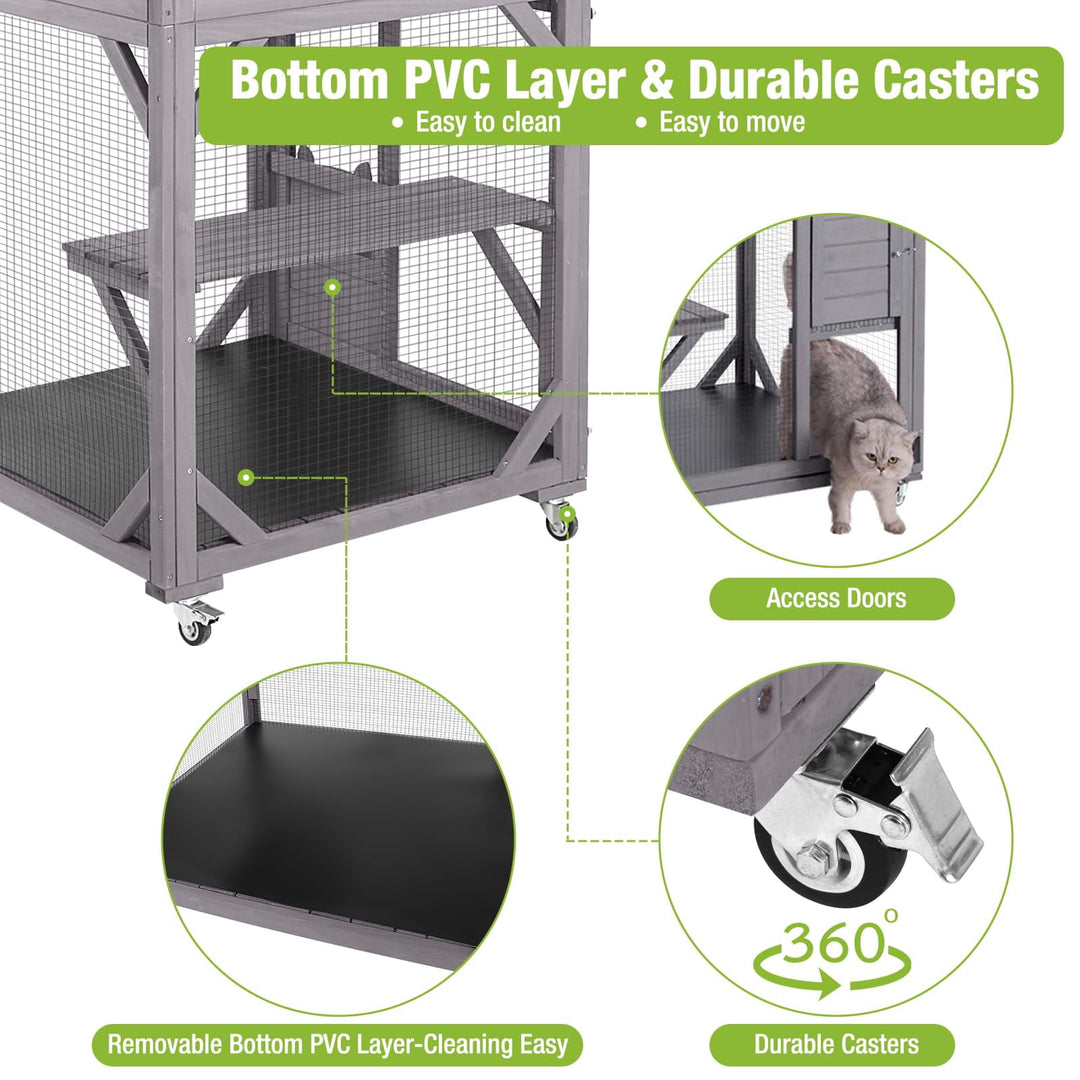 MEDEHOO 70.9" Catio Outdoor Cat House Cat Enclosure on Wheels, Large Wooden Cat Cage with Resting Box &amp; Asphalt Roof AIR22-G-WM
