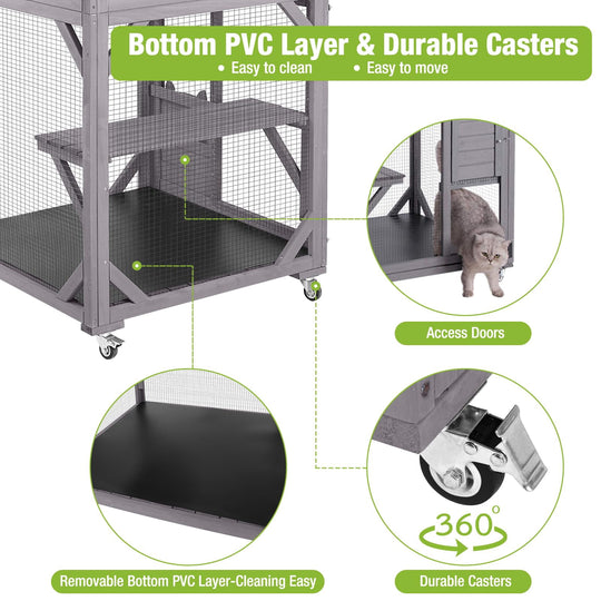 MEDEHOO 70.9" Catio Outdoor Cat House Cat Enclosure on Wheels, Large Wooden Cat Cage with Resting Box &amp; Asphalt Roof AIR22-G-WM