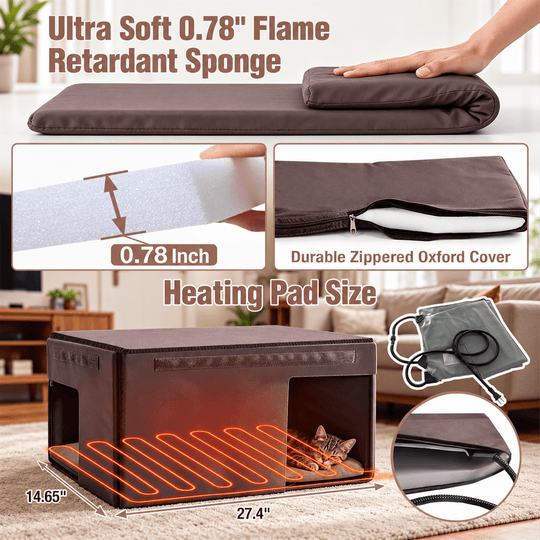 MEDEHOO Heated Cat House with Insulated Liner for Outdoor Cats Weatherproof Feral Cat Shelter for Winter, Brown AIR91-WBR-HP-N-WM