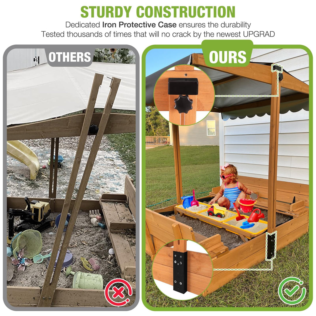 Sandbox with Lid and Cover for Kids Outdoor Sand Box with 3 Toy Bins, 2 Foldable Bench Seats, Adjustable Canopy and Sand Protection Liner, 47.2" L x 47.2" W x 51.9" H GUT08-N