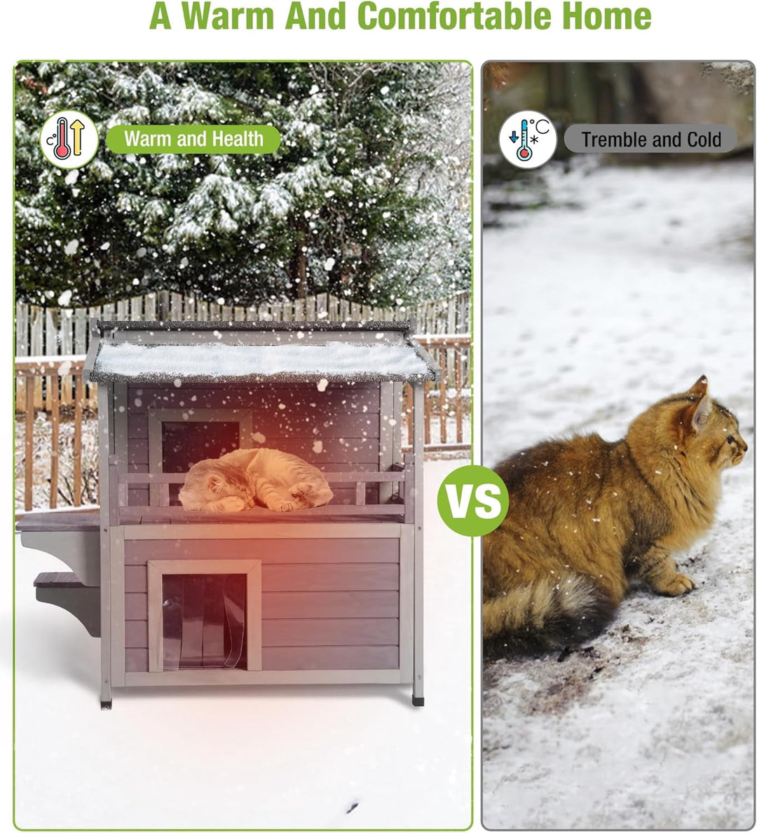 MEDEHOO Insulated Cat House Outdoor for Winter, Wooden Weatherproof Outside Feral Cat Shelter with Liner, Large Balcony, Escape Door, PVC Door Strip, for Outdoor &amp; Indoor