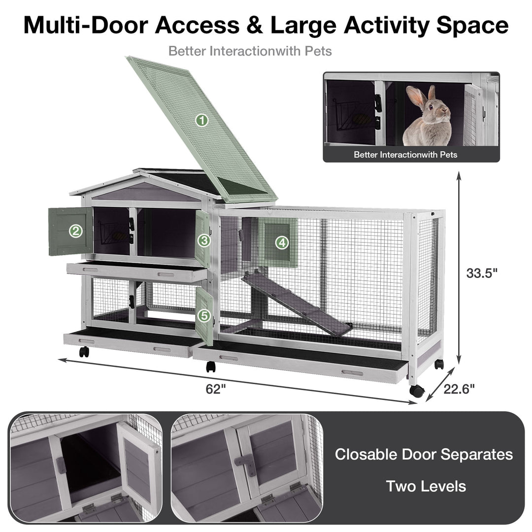 MEDEHOO 62" Rabbit Hutch with Wheels for Outdoor &amp; Indoor, 2-Story Bunny Cage with Pull Out Tray, Chew-Proof Ramp, Waterproof Roof