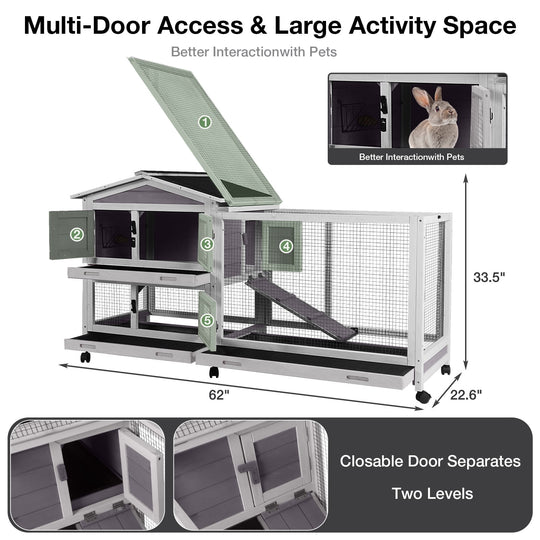 MEDEHOO 62" Rabbit Hutch with Wheels for Outdoor &amp; Indoor, 2-Story Bunny Cage with Pull Out Tray, Chew-Proof Ramp, Waterproof Roof