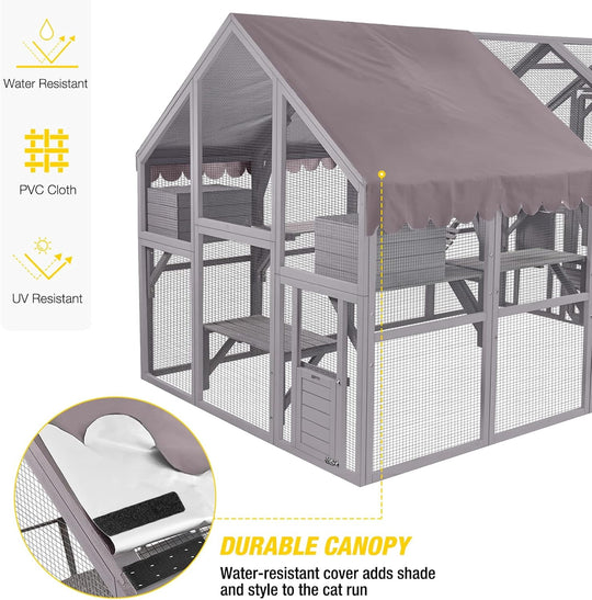 MEDEHOO Catio Outdoor Cat Enclosure Large Cat Run with Bridges, Walks, Small Houses, Roof Cover 110" AIR52-PA-WM