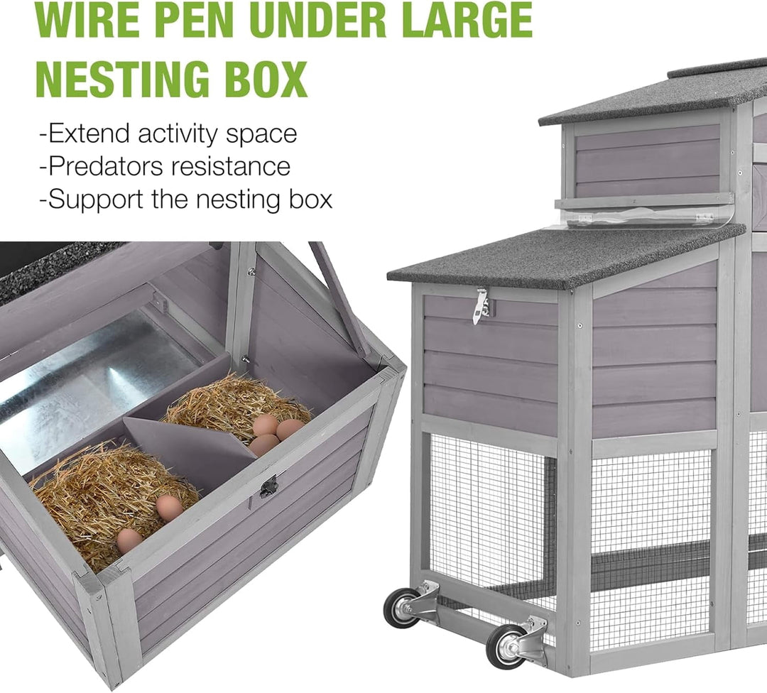 MEDEHOO Chicken Coop with Wheels Large Mobile Chicken House with Metal Run Outdoor Poultry Cage with Waterproof Roof,Nesting Box AIR7008-JO-WM