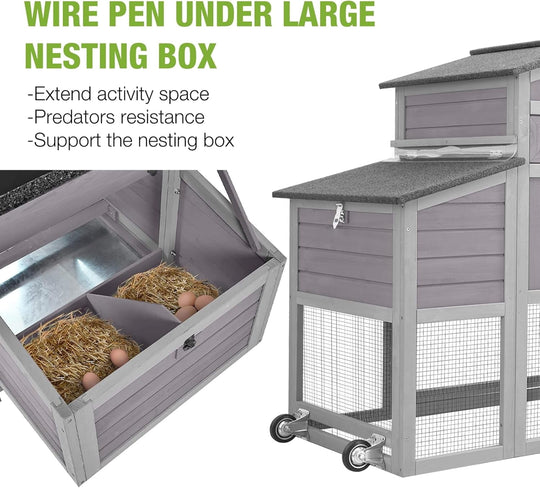 MEDEHOO Chicken Coop with Wheels Large Mobile Chicken House with Metal Run Outdoor Poultry Cage with Waterproof Roof,Nesting Box AIR7008-JO-WM